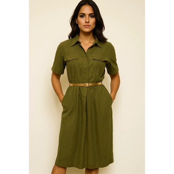 Vintage Argenti Sport Dresses Olive Green Silk Size 6 Pockets Button Collar - Picture 1 of 9